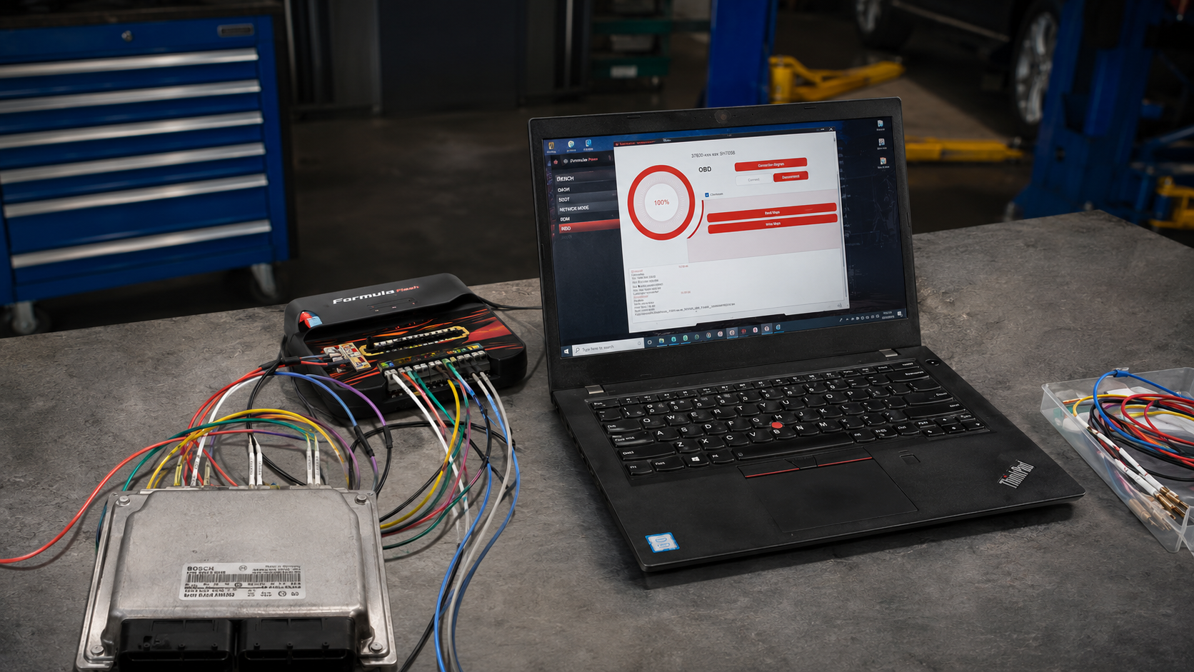 FormulaFlash mobile ECU service setup with laptop and BENCH connection